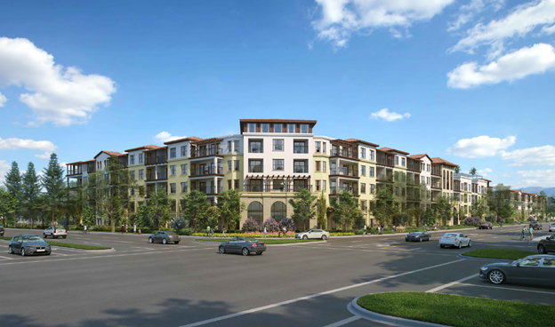 A 4-story apartment building with Mediterranean-style architecture, situated at the corner of a busy urban intersection on a sunny day.